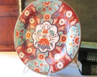 Vintage Hand Painted Oriental Decorative Plate, Imari Teal, Peach, Coral Red Chinoiserie Chic Decor