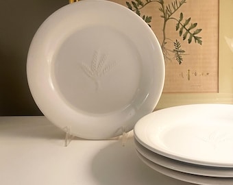 Vintage Dansk for Pottery Barn Set of Four Creamy White Ironstone Salad Plates, Embossed "Wheat" Design Farmhouse, Thanksgiving, Portugal