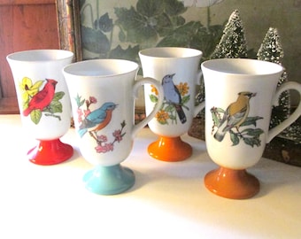 Vintage Set of Four Song Bird Pedestal Mugs, Irish Coffee Cups, Fred Roberts,