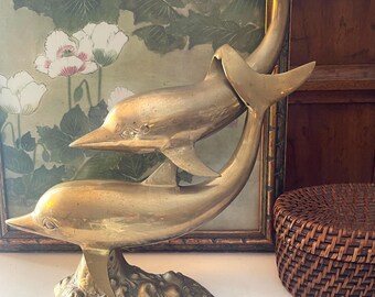 17.25"Tall Vintage Brass Dolphins Sculpture, Stacked Dolphin Figurine, Coastal Beach Decor, Mounted Dolphin Figurine, Brass Fish