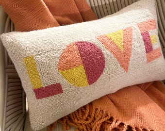 Vintage Tuffed "Love" Pillow, 12" x 20" Wool Colorful Throw Pillow, Typography Embroidered Accent Pillow, Kids Decor, Dorm Room Bed, Orange