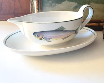 Vintage Villeroy & Boch Fish Gravy Boat, "Atlantic" Pattern, Attached Tray Gravy Boat, Vintage Sauce Boat, Rainbow Trout, Gift For Fisherman