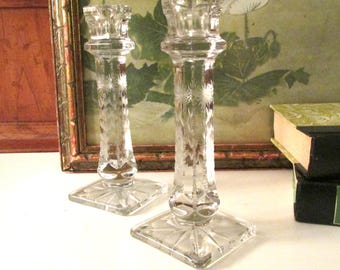 Vintage Pair of Cut Crystal Candlesticks, Floral Glass Candle Holders, Romantic Decor, Westmoreland Glass