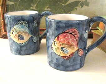 Pair of Vintage Vietri Italy Fish Mugs, Vintage Vietri Mug, Hand Painted Mug, Tropical Beach Mug, Art Pottery Mug