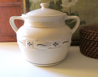Vintage Longaberger Cookie Jar, "Woven Traditions", Classic Blue and White Barrel Shape Jar, Farmhouse Kitchen, Cookie Jar with Lid