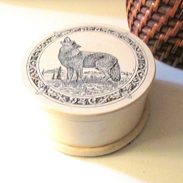 Vintage Round Faux Ivory Box with Scrimshaw StyleTop, Howling Wolf, Father's Day Gift, Home Office Decor