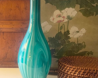 Vintage Tall Crate & Barrel Blue Teal Swirl Glass Vase, Hollywood Regency, Mod Decor