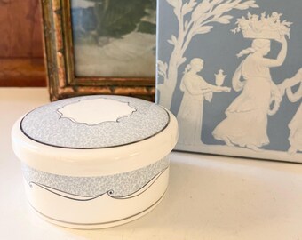 Vintage Wedgwood “Venice” Trinket Box, Blue and White Porcelain, Holiday Christmas Gift, Original Box, Round Ring Box