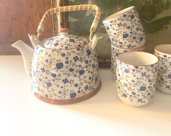 Vintage Japanese Rattan Handle Teapot Set, Six Cups Blue Chintz Floral Blossom Tea Set, Gift For Tea Lover