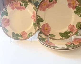 Vintage Four England Franciscan Salad Plates, 1995, Earthenware, Pink and Green Plates, Cottage Chic, Gift for Gardener, Alfresco Dining