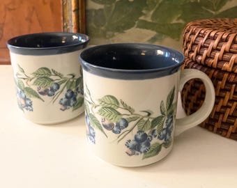 Vintage Otagiri Blueberry Mugs, Signed Ruth Pengal, Set of Two, Hand Painted Japan
