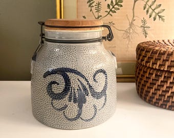 Vintage Salt Glaze German Pottery Container, Saffel Stoneware Crock With Wooden Lid, Pickle Barrel, Farmhouse Kitchen