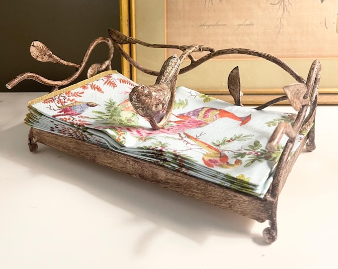 Featured listing image: Vintage Bird and Vine Metal Towel Holder or Tray, Powder Room Decor, Farmhouse Chic Tissue Holder