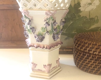 Vintage Italian Vase, Hand Painted Flower Pedestal Vase, Romantic Pink Bows, Purple Violets Pot, Italy Flower Pot, Grandmillennial Gift