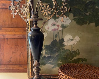 Vintage Green Marble and Dark Ormolu Two Arm Candelabra, French Chic Decor