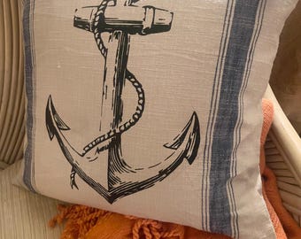 Vintage Nautical Farmhouse Pillow Cover, NOS 20" x 20" Pillow, Blue Stripe Anchor Theme Pillow Cover, Grain Sack Style, C & F Home