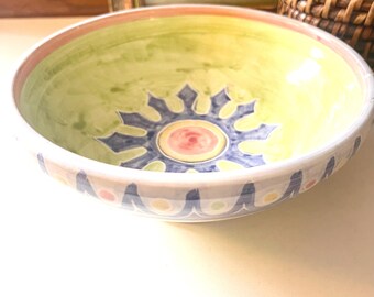 Vintage Art Studio Pottery Bowl, Signed BMP, 1997, Folk Art Blue, Green and Pink, Hand Painted Footed Bowl