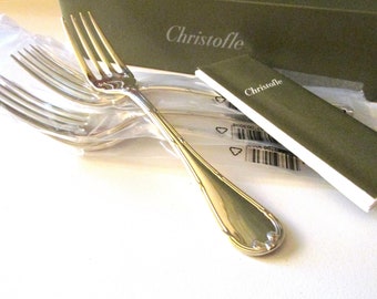 Six Christofle France Fish Forks, "Rubans" Silverplated Flatware Set of Six Fish Forks, NIB,