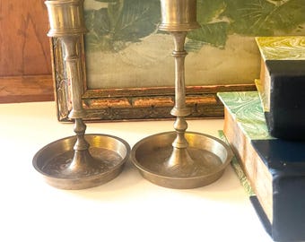 Chic Vintage Pair of Brass Candlesticks, Chinoiseire Etched, Low Candle Holders, India Brass, Bookshelf Decor