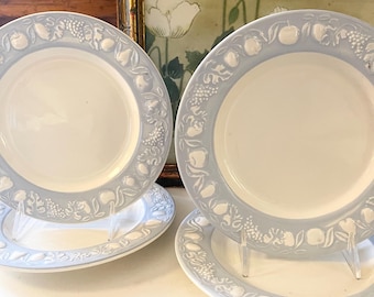 Vintage Set of Four Franco Giorgi by Quadrifoglio Salad Plates, Relief Fruit Pattern Rim, Made In Italy, Wedgwood Blue and White Ironstone,