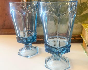 Vintage Pair of Fostoria "Virginia" Blue Ice Tea Glasses, Chinoiserie Chic Dining, Beverages Glasses