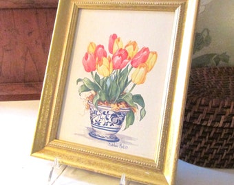 Vintage Barbara Mock Chinoiserie Print, Tulips In Blue and White Planter, Wall Gallery Decor