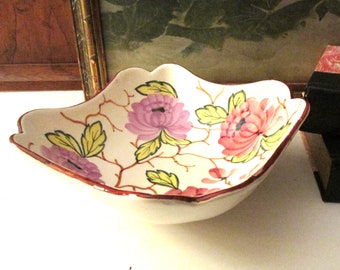 1950's Hand -Painted Germany Bowl, Chinoiserie Pink Floral, Registered "Celebrate" Coffee Table Decor, Grandmillenial