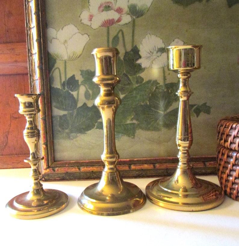 Three Vintage Brass Candlestick Collection, Trio of Mixed Candleholders, Baldwin Brass, Mantel Decor, Hollywood Regency, Brass Decor image 10