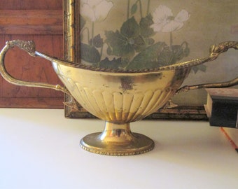 Vintage Brass Trophy Style Bowl, Rustic Brass Decor, Handled Urn, Hollywood Regency