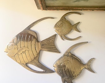 Vintage Set of Three Brass Angel Fish Wall Decor, Beach Or Lake House Decor, Fish Wall Plaques, Brass Fish Wall Art, Tropical Decor