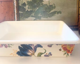 Large Mackenzie Childs White "Flower Market" Enamel Baking Dish, Lasagna Dish