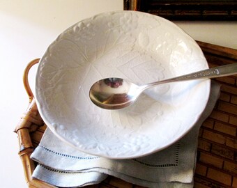 Vintage Burleigh English Embossed Coupe Soup Bowl by Burleigh, England, Davenport Pattern, Strawberry and Grape Leaf, White Ironstone Bowl