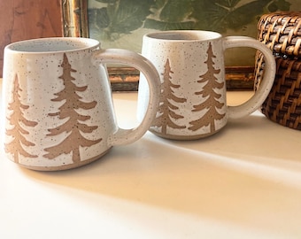 Vintage Pair of Art Pottery Mugs, Evergreen Tree Mugs, Salt of The Earth Pottery, Christmas Mug Gift