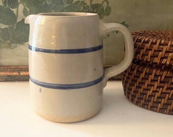 Vintage Stoneware Tan and Blue Stripe Pitcher or Jug, Double Stripe Crockery Pitcher, Farmhouse Decor