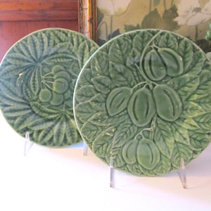 Vintage Bordallo Pinheiro Pair of  Salad Plates, Majolica Portugal, Fruit Plates, Plums and Cherries Green Embossed Plates