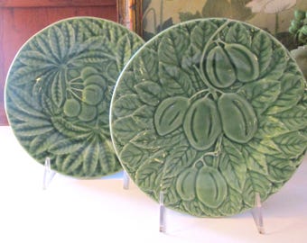 Vintage Bordallo Pinheiro Pair of  Salad Plates, Majolica Portugal, Fruit Plates, Plums and Cherries Green Embossed Plates