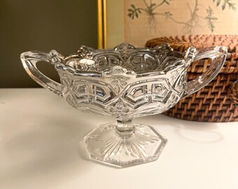 Vintage Tiffin-Franciscan Athenia Silver Encrusted Footed Glass Bowl, Two Handled Open Jelly Bowl