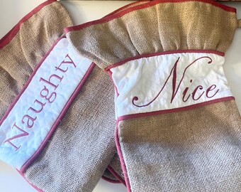Pair of Vintage Ballard Designs Naughty & Nice Burlap Christmas Stockings, Mantel Decor, Red and White, Farmhouse Xmas