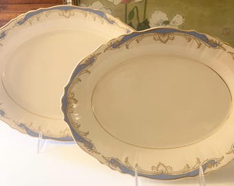 Vintage Pair Syracuse China "Carvel" Pattern Oval Serving Platters, Federal Shape Blue and White, Rim Gold Trim  Grandmillennial Dining