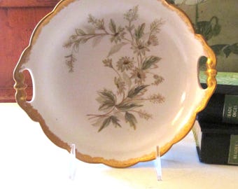 Antique Floral Hand Painted Bowl, Gilded Handle Decorative Dish, Victorian Decor, 1891 Serving Bowl