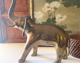 Vintage Large Brass Elephant Figurine, Brass Boho Decor, Chinoiserie Decor, Trunk Up Elephant, Chinoiserie Chic