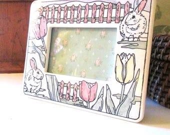 Vintage Santa Barbara Design Bunny and Tulips Photo Frame, Nursery Decor, Gift For Bunny Lover, 1980's Grandmillennial Gift