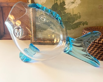 Vintage Blenko Style Clear & Blue Handblown Art Glass Fish Sculpture, Atrium Vase,