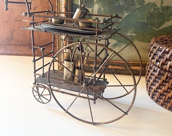 Vintage Brutalist Tea Cart Sculpture, 1976 Enesco Hong Kong, Metal Flower Shop and Tea Service Figurine, Hollywood Regency Gift