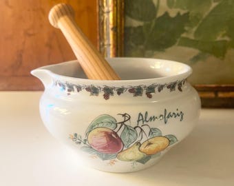 Vintage Mortar and Pestle Portugal Made, Porcelain Fruit Theme, Country Kitchen Decor, Farmhouse Chic.