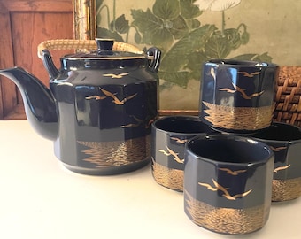 Vintage Otagiri Japan "Seagull" Tea Set, Blue and Gold Porcelain, Rattan Handle, Grandmillennial Tea, Vintage Gift, Chinoiserie