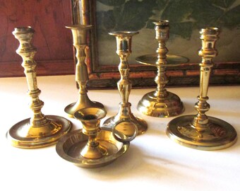 Six Vintage Assembled Tiny Taper Brass Candle Holders, Small Candlesticks, Holiday Brass Decor, Wedding Brass Decor, Thanksgiving Dining