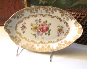 Vintage French Hand Painted Pin Tray, Gilded Floral Oval Catchall, Grandmillennial Gift, Vanity Table Decor, Porcelaine De France