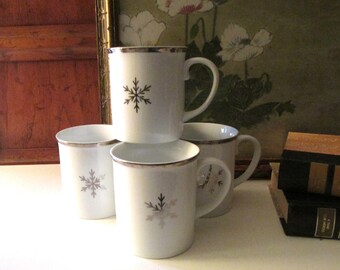 Four Arctic Solstice Snowflake Mugs by Target, Holiday Silver and White Mugs, Christmas Coffee Mugs, "First Frost" Mugs