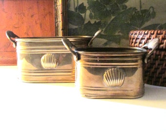 Vintage Set of Two Brass Planters, Embossed Shell, Boho Decor, Beach House Decor